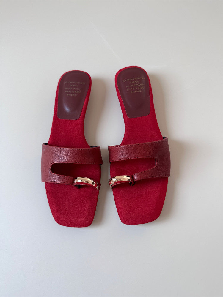 Red open toe leather low-heeled wedge women shoe