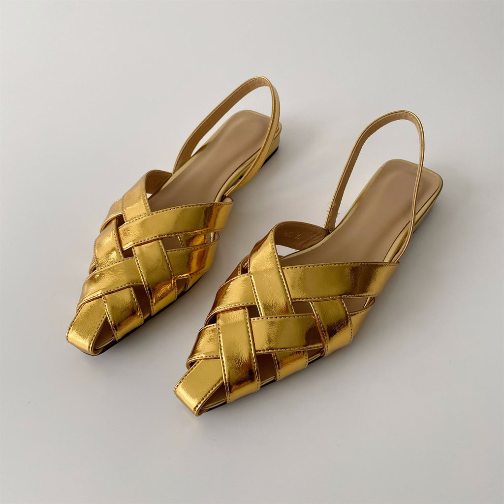 Woven gold low-heeled toe sandals flat shoe