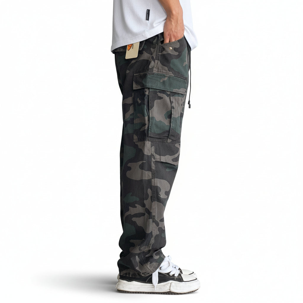Wash loose micro-tapered camouflage cargo men pant