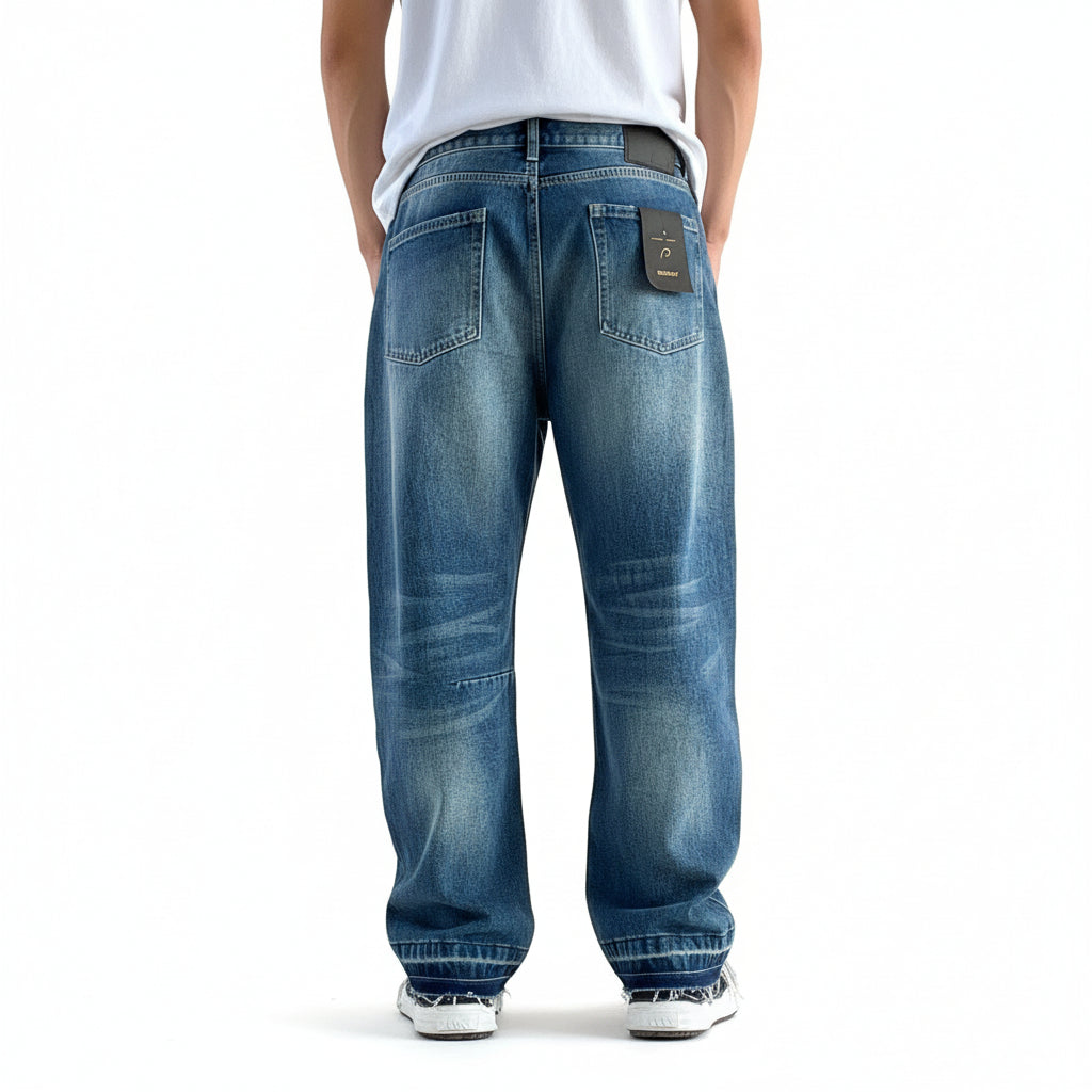 Vintage washed jeans whiskers loose denim