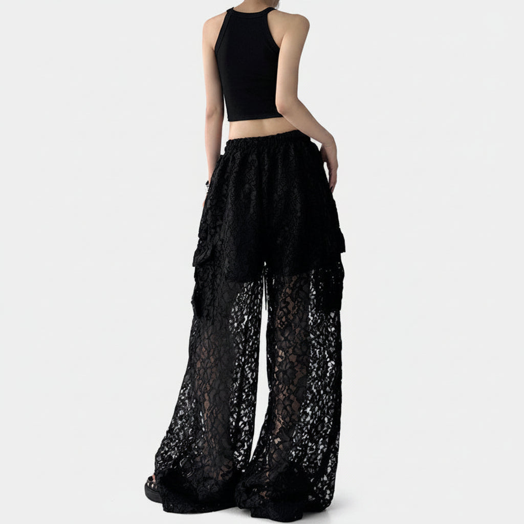 Black Slacks Women's Hollow Lace Straight Wide-leg Pants