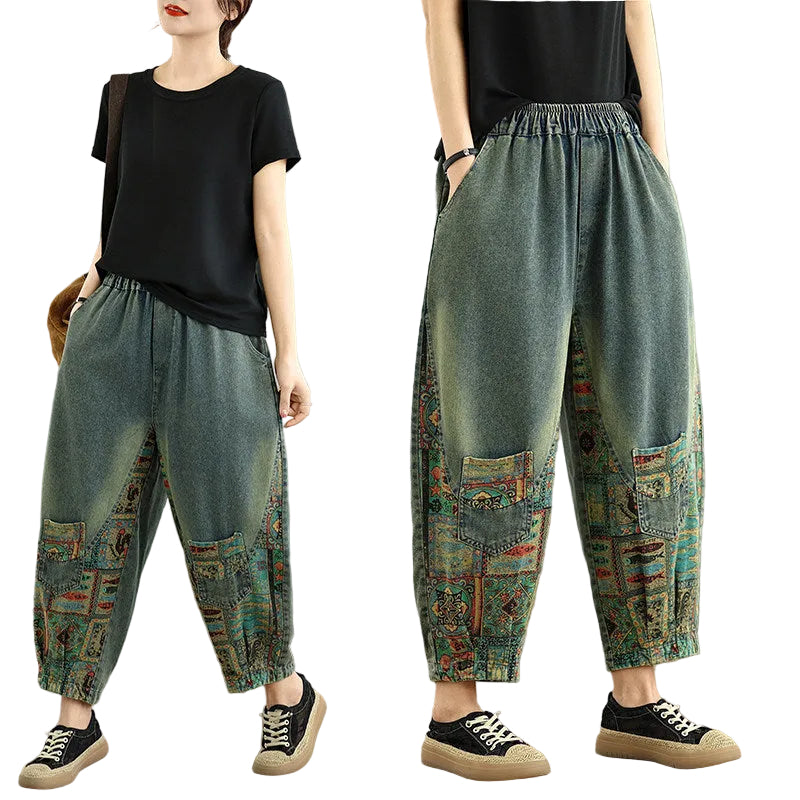 Elastic waist large size loose women cropped pants