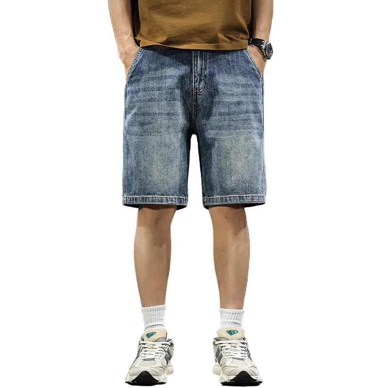 Summer new retro simple casual denim shorts men's American trend loose straight washed five-point mid pants