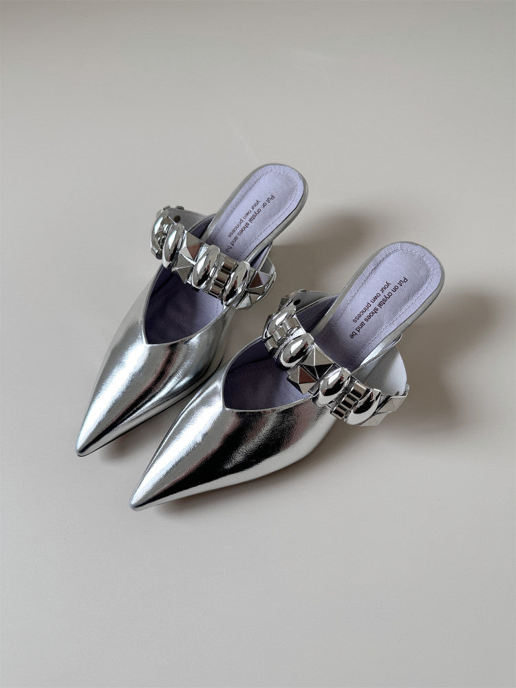 Leather thin heel wrap toe half slipper sandals women shoes