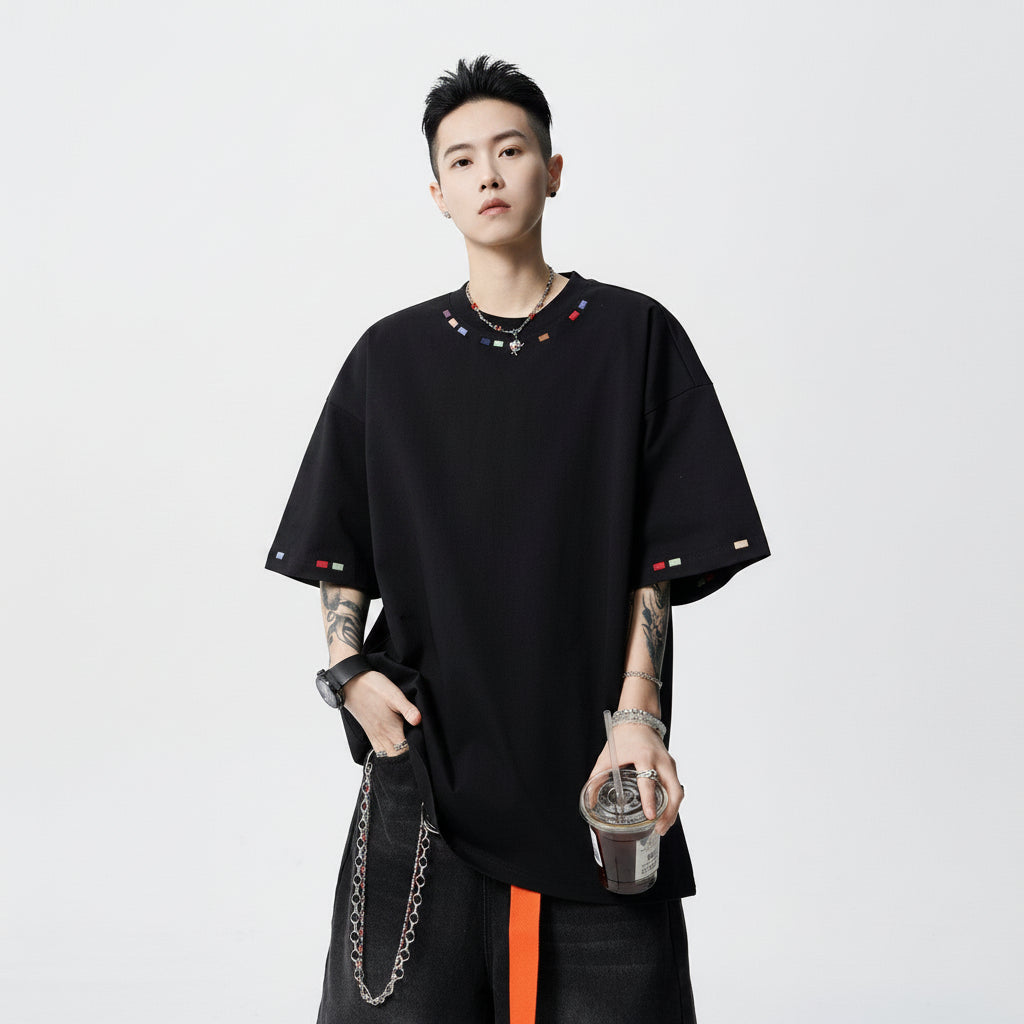 Hip-hop embroidery crew neck short-sleeved T-shirt men's half-sleeved tee