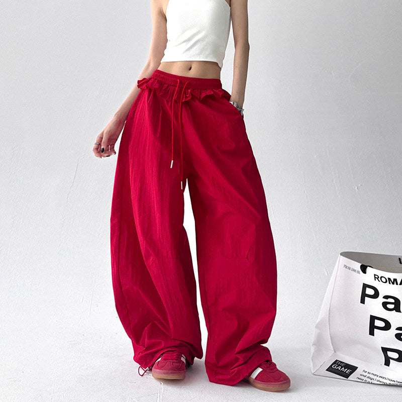 Ruffled drawstring lace-up wide-leg woman trousers