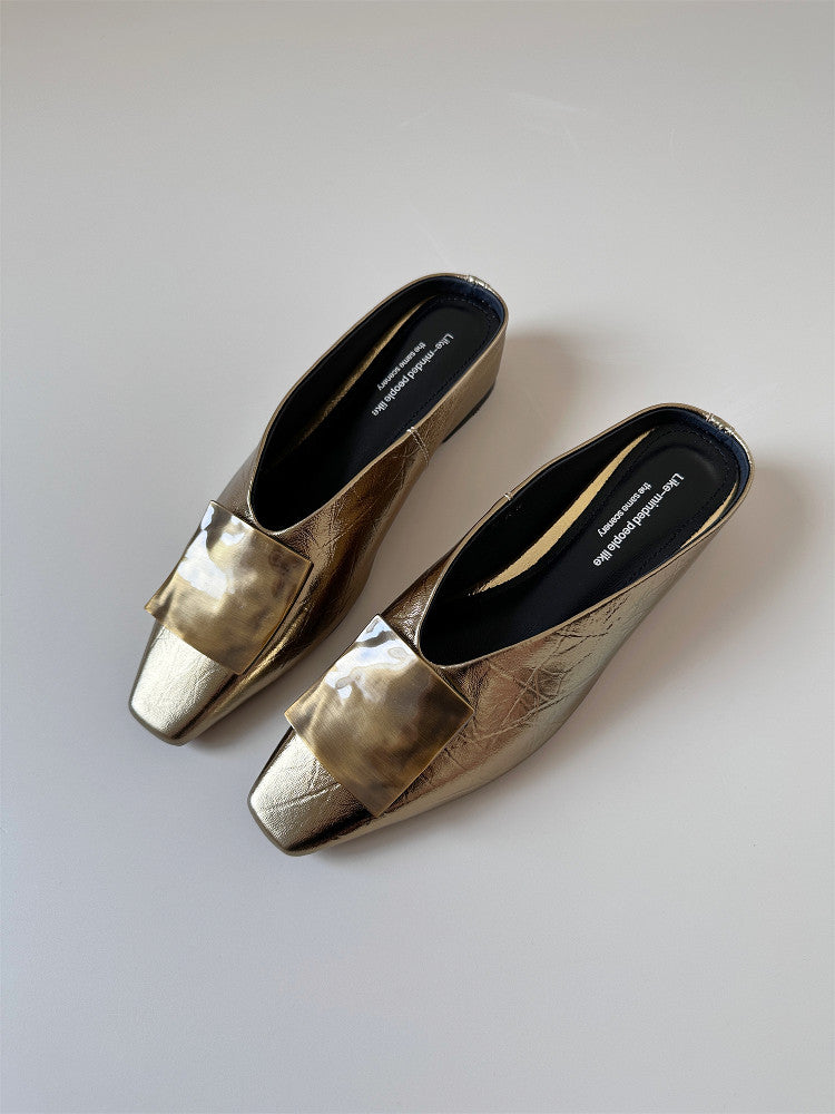 Silver square leather wedge heel half-slip sandals