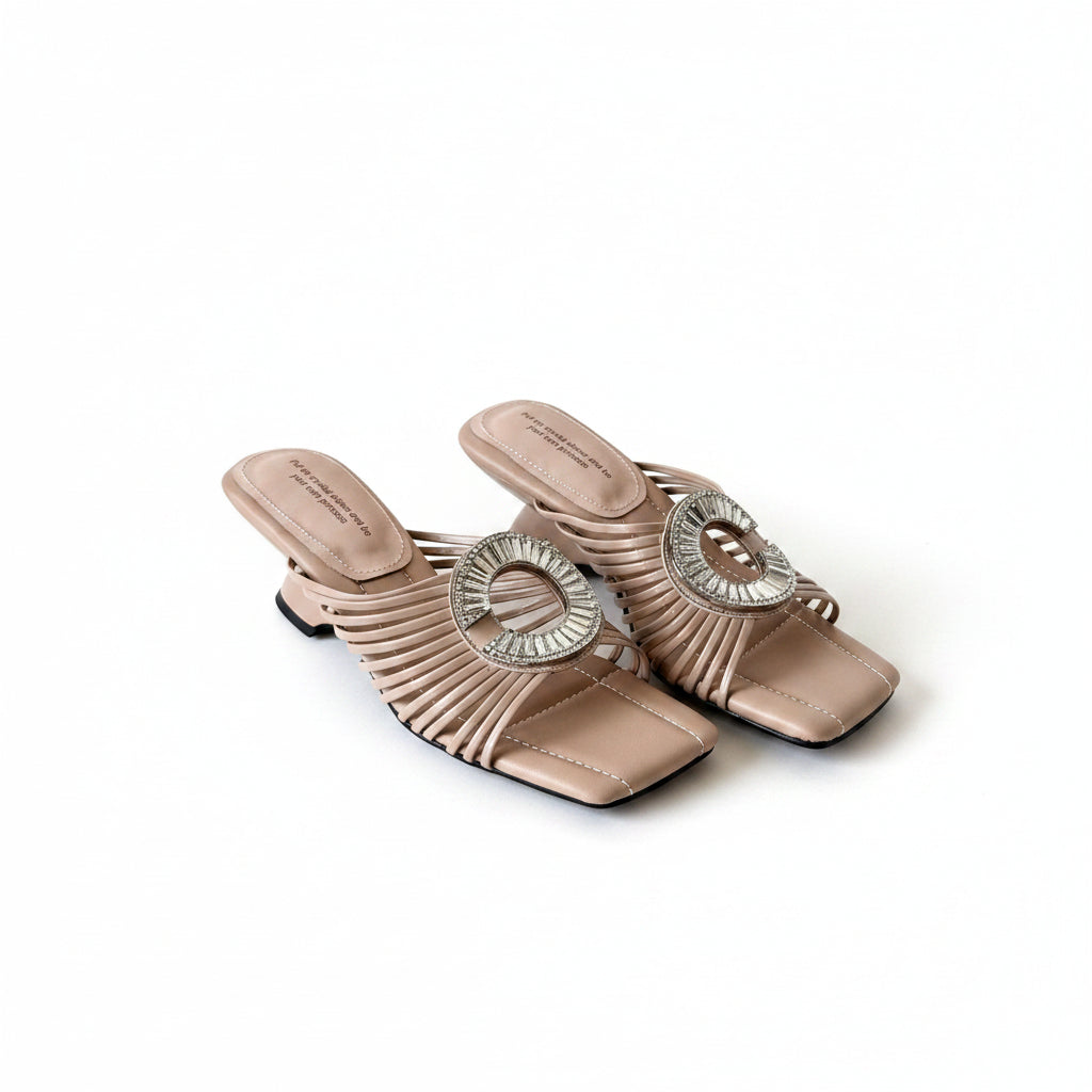 Luxury woven open-toe slipper lady's round buckle sandals heels