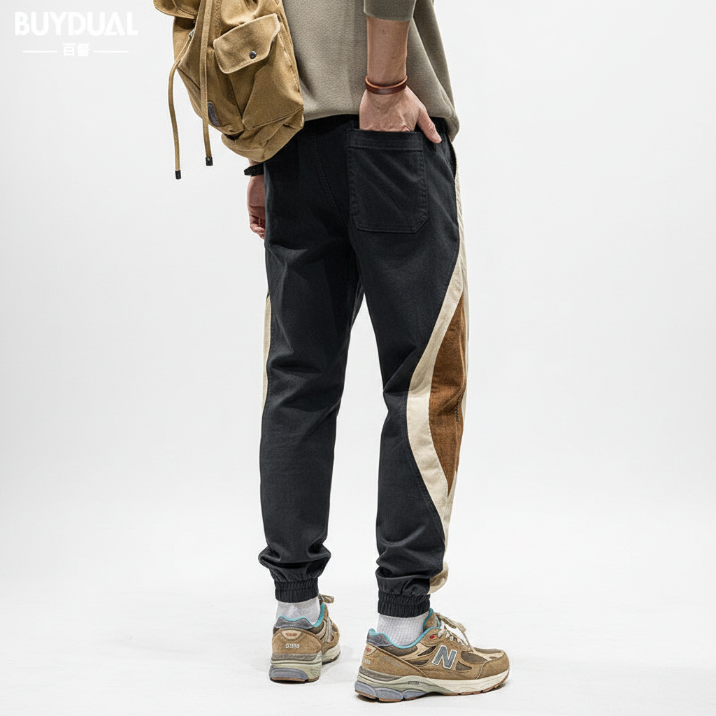 Men contrast splicing stretch ruffian handsome trousers