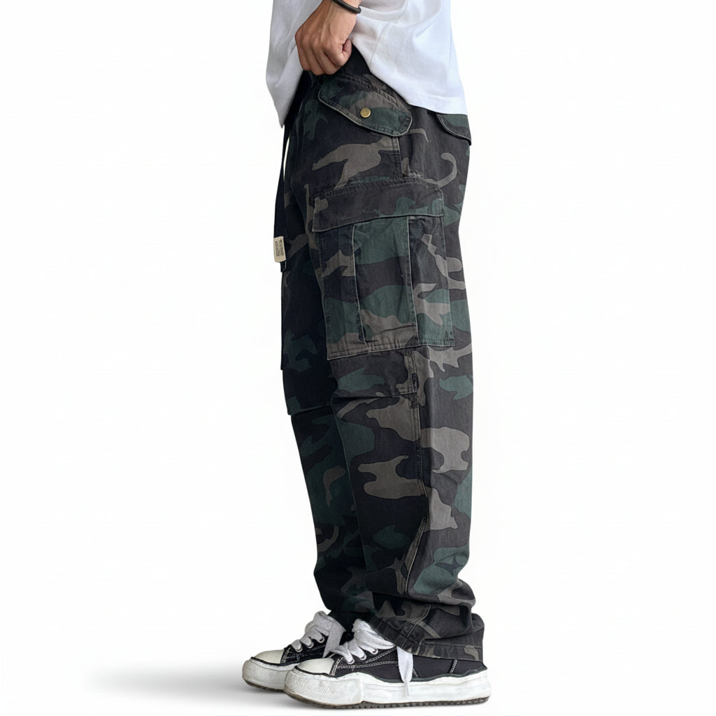 Wash loose micro-tapered camouflage cargo men pant