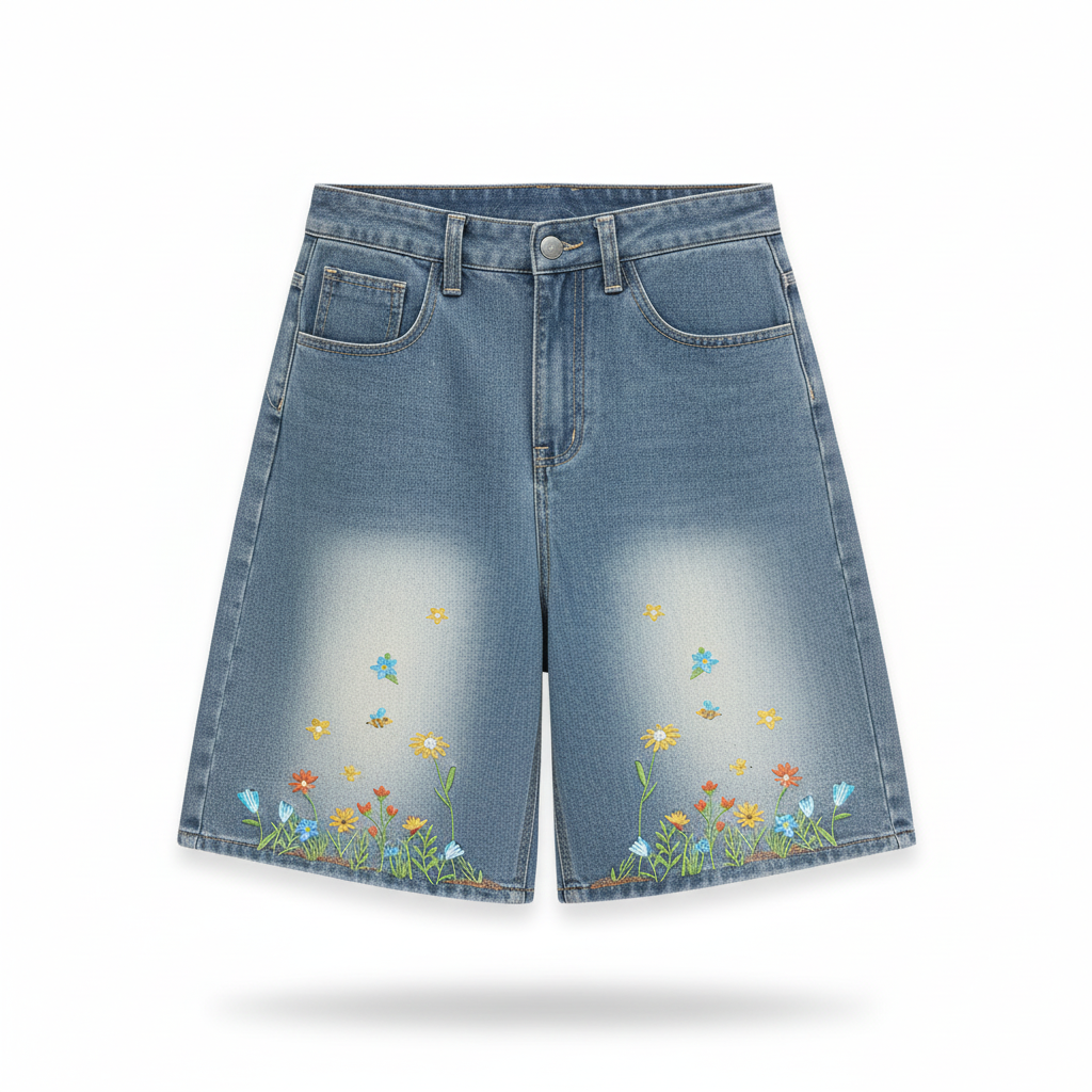 Flower unisex vintage embroidered denim shorts loose casual jeans