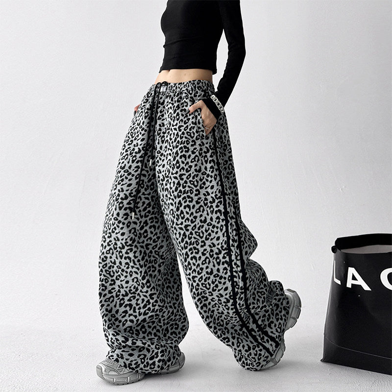 Classic leopard print women's high-waisted wide-leg pants