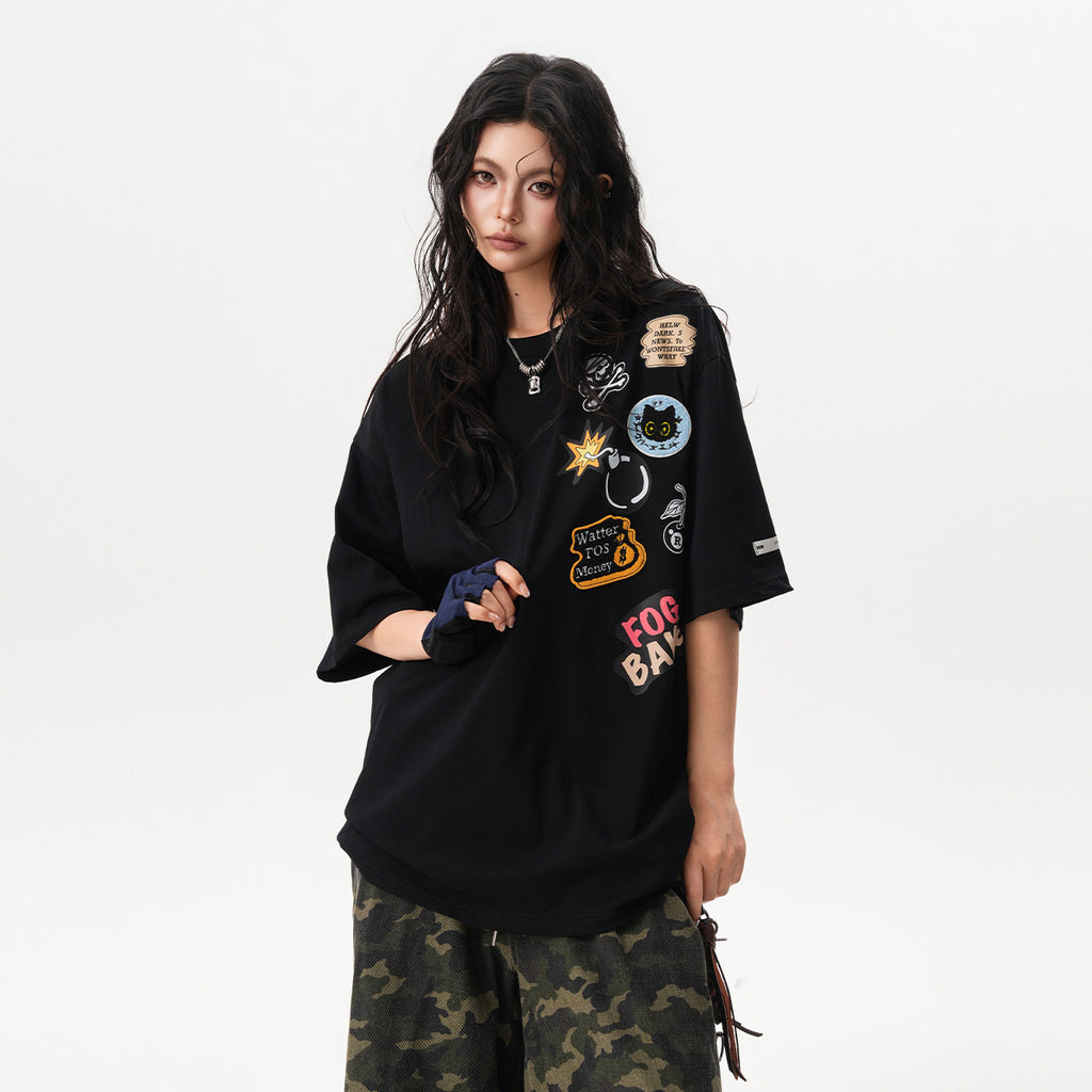 BWKA American trendy brand fun towel embroidered badge short sleeve T-shirt women's and men's summer oversize casual and versatile top