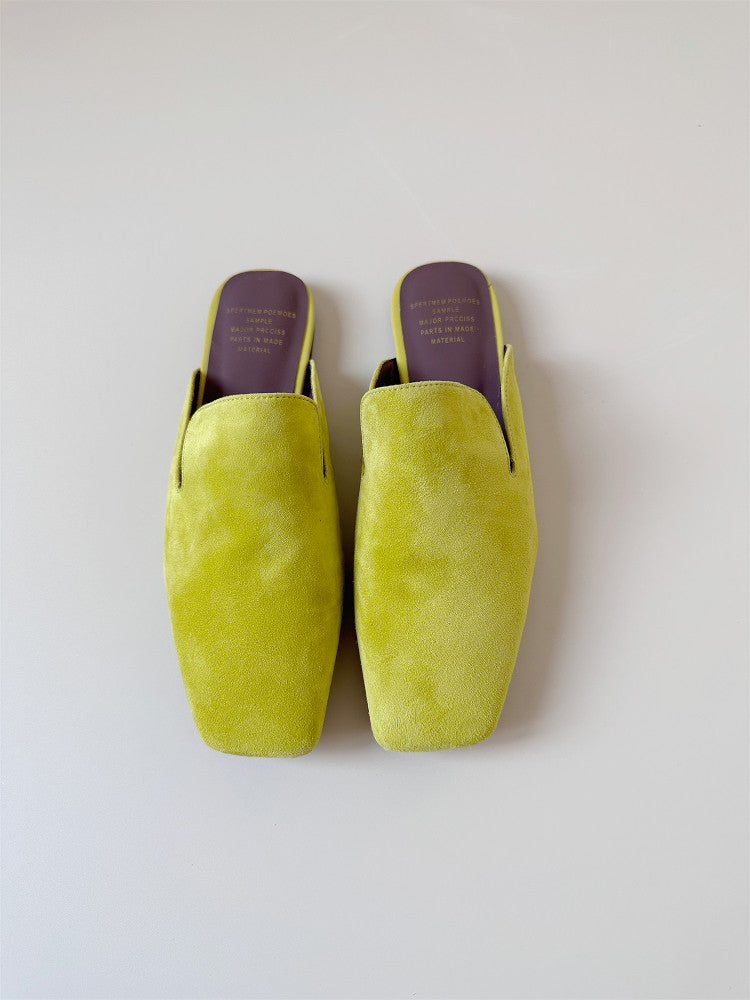 Green leather half-slipped sandals, women wear mules