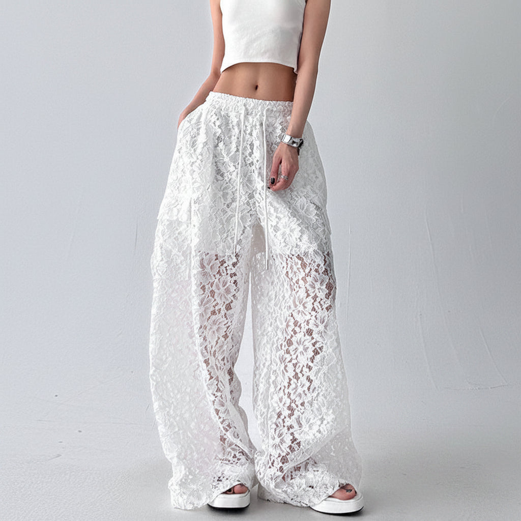Black Slacks Women's Hollow Lace Straight Wide-leg Pants