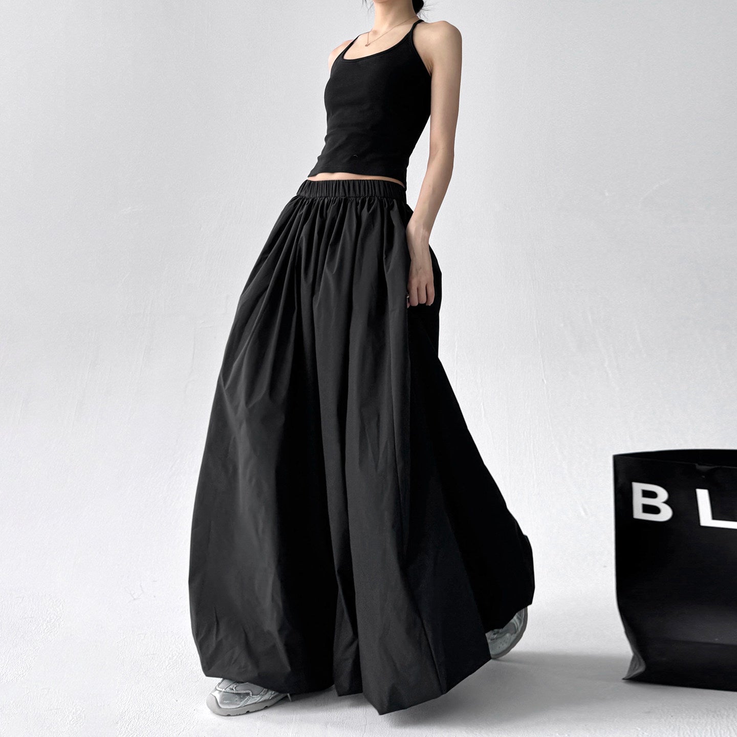 Black long skirt women's bud bobble skirt high-waisted
