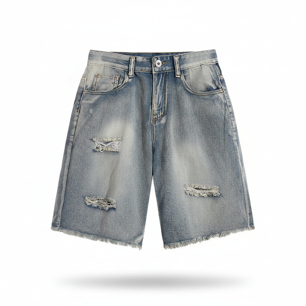 Raw edge ripped denim shorts men's trouser