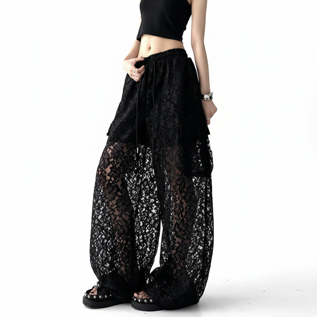 Black Slacks Women's Hollow Lace Straight Wide-leg Pants
