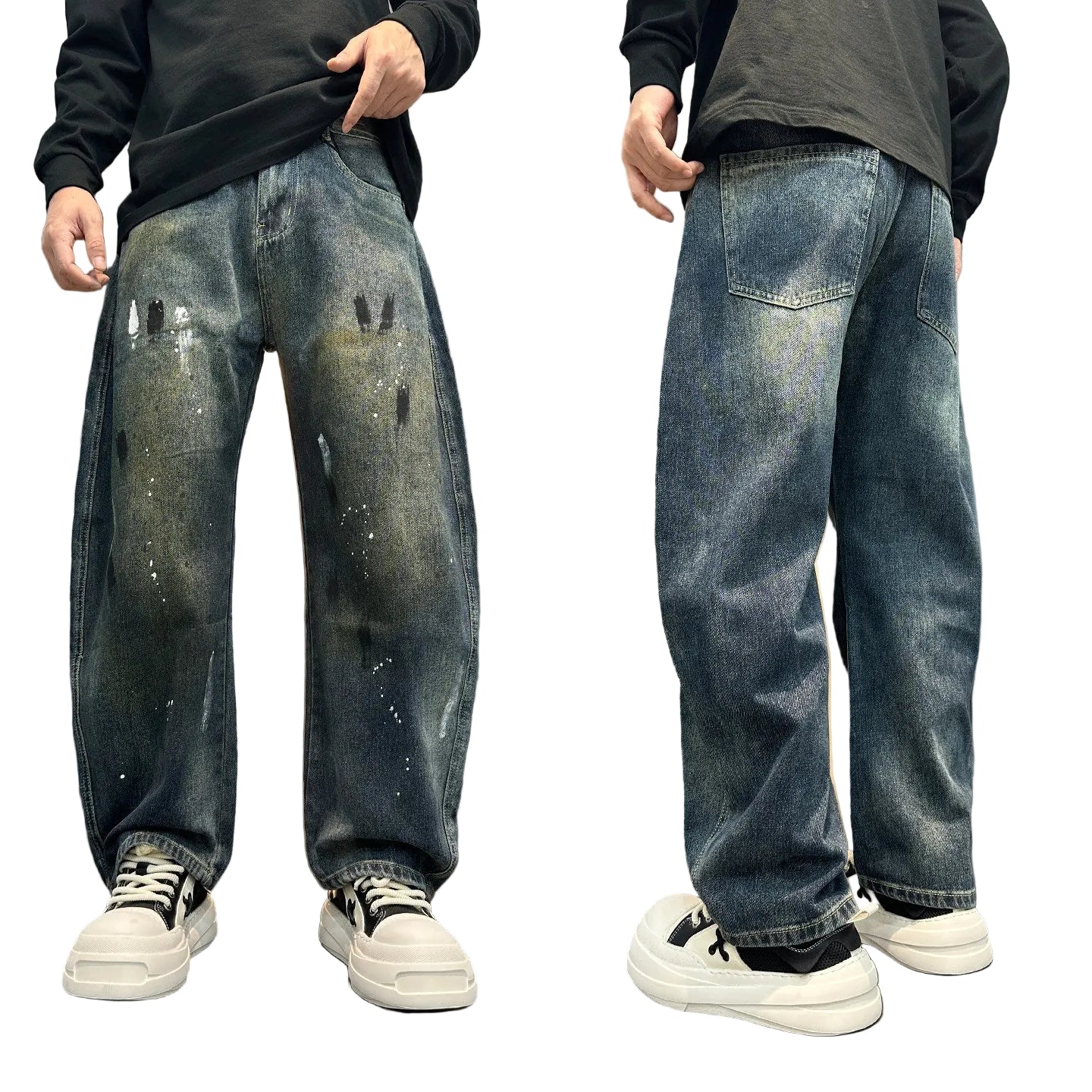 Distressed splashed ink jeans trousers