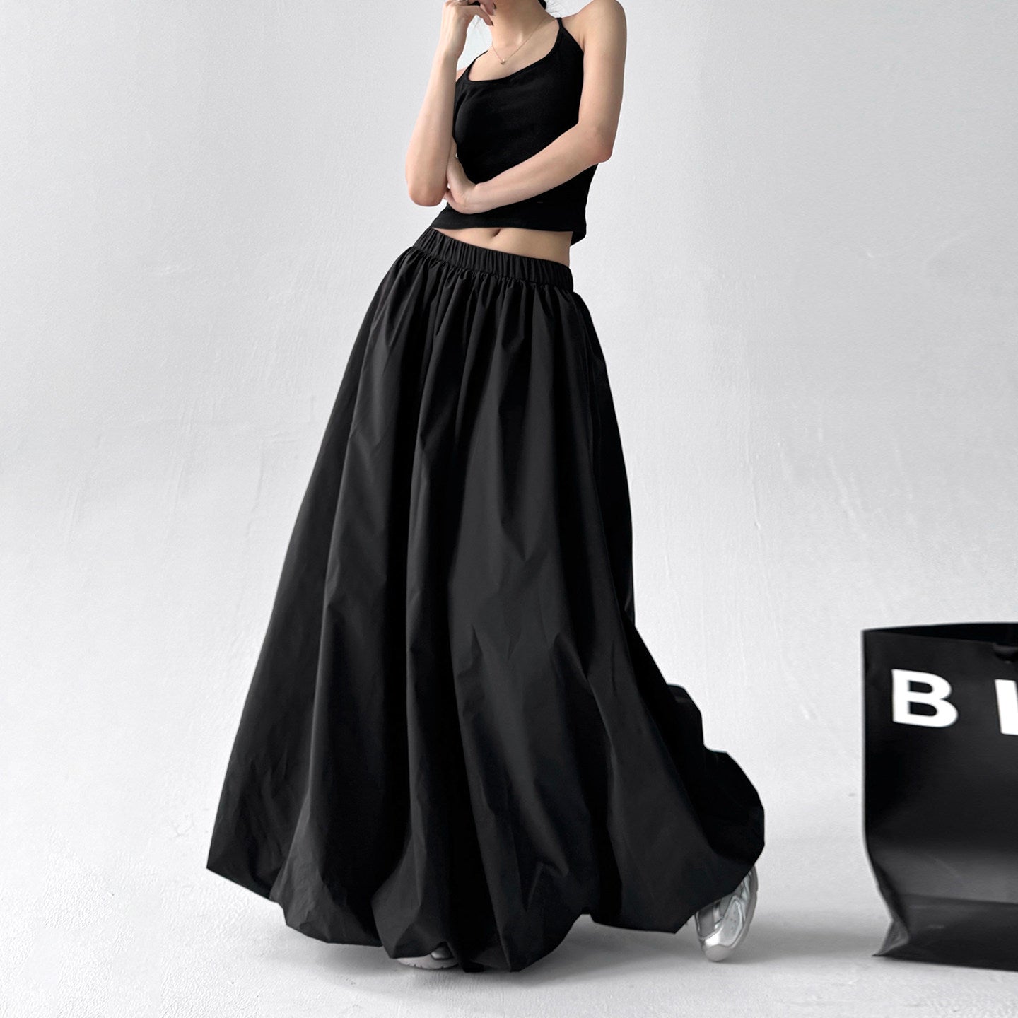 Black long skirt women's bud bobble skirt high-waisted