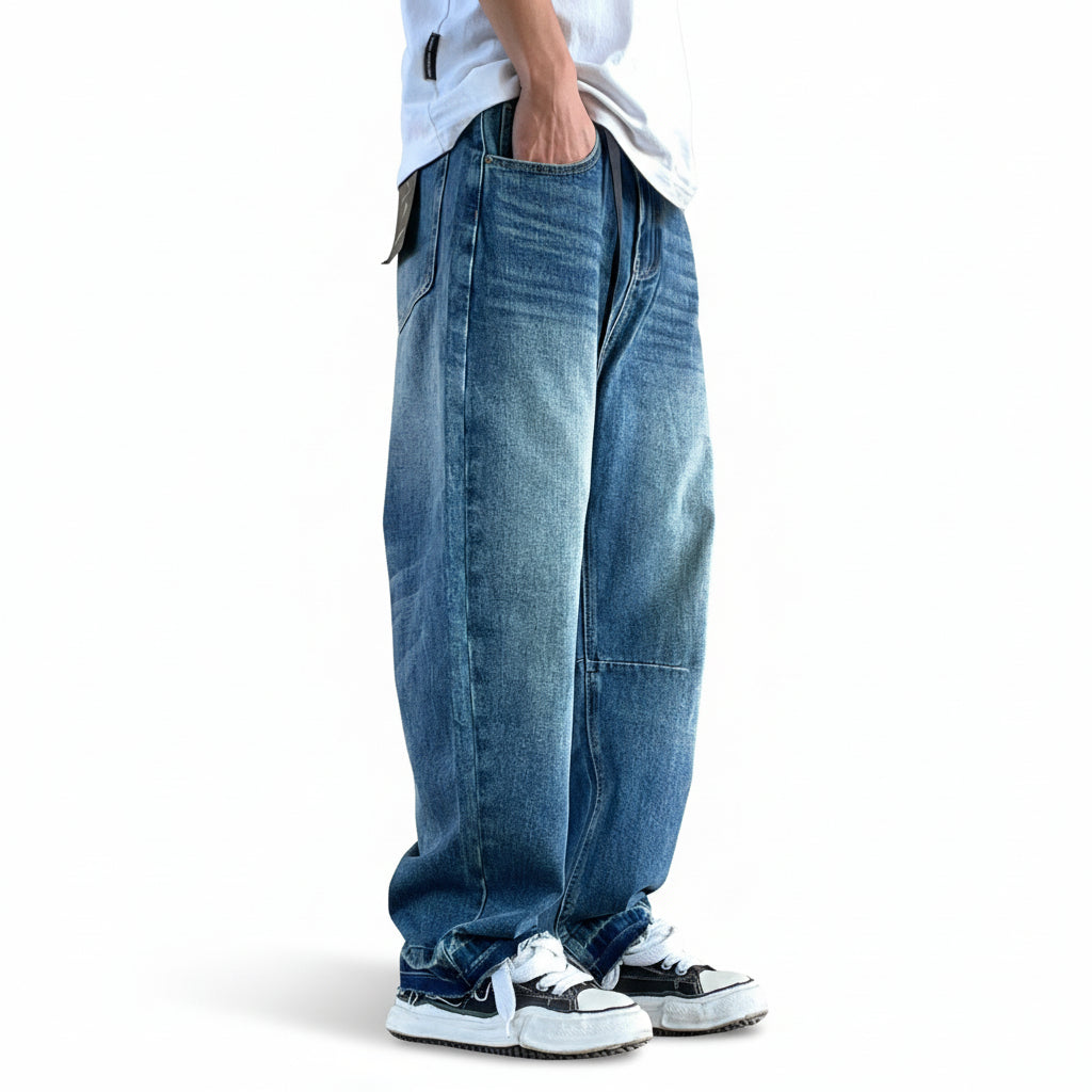Vintage washed jeans whiskers loose denim