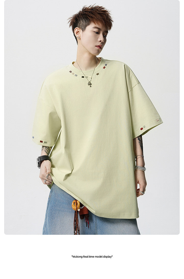 Hip-hop embroidery crew neck short-sleeved T-shirt men's half-sleeved tee