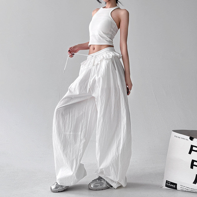 Ruffled drawstring lace-up wide-leg woman trousers