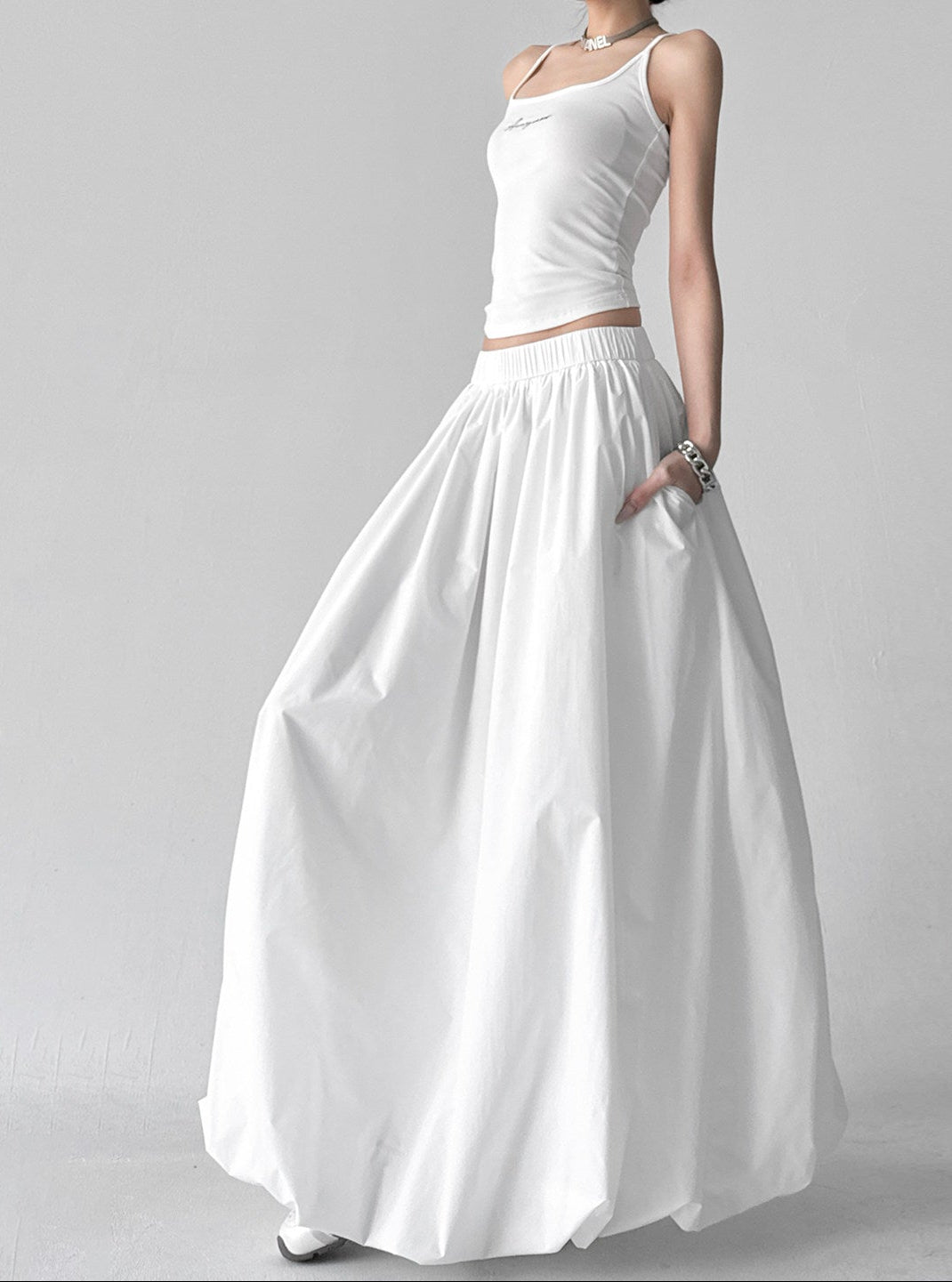 White bud skirt high-waisted slimming puffy bobble skirt