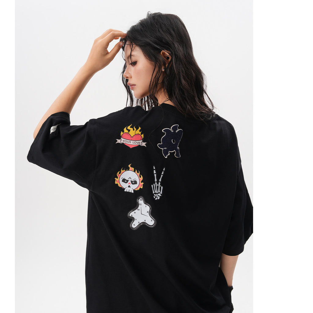 BWKA American trendy brand fun towel embroidered badge short sleeve T-shirt women's and men's summer oversize casual and versatile top