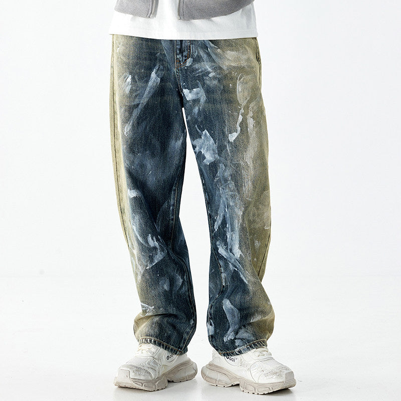 Color-blocking loose straight jeans pants