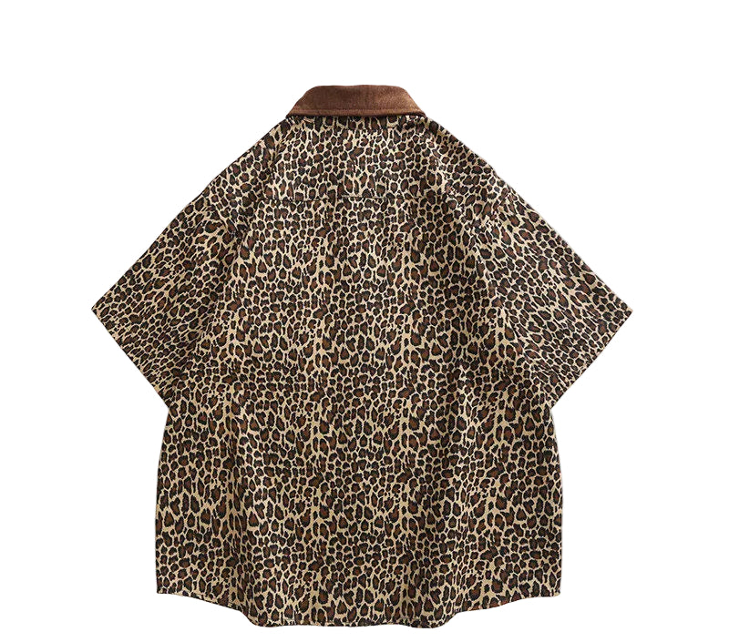Corduroy Collar Leopard Print men Shirt Short Sleeve