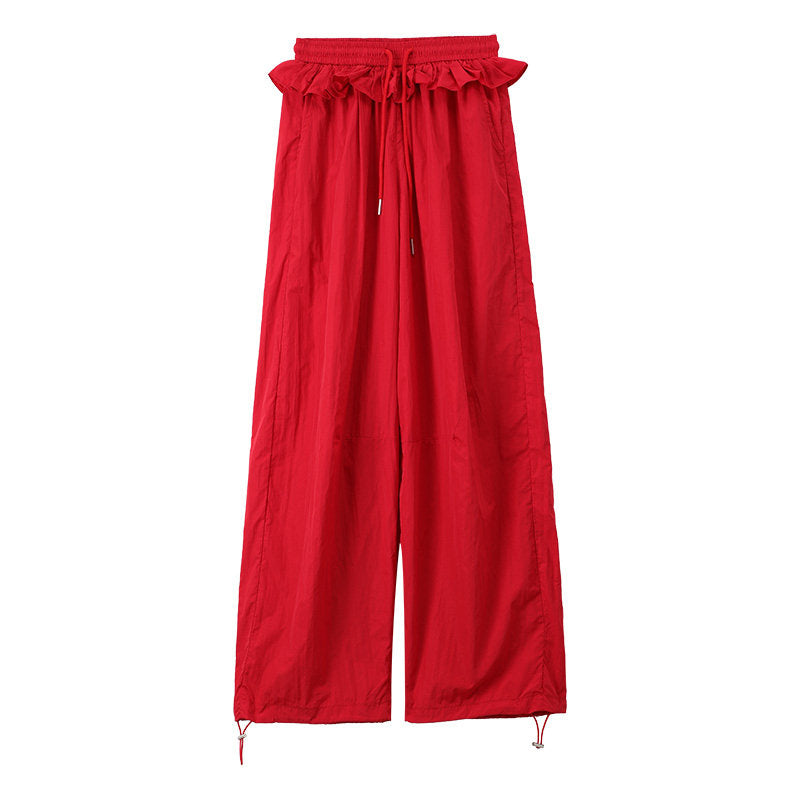 Ruffled drawstring lace-up wide-leg woman trousers