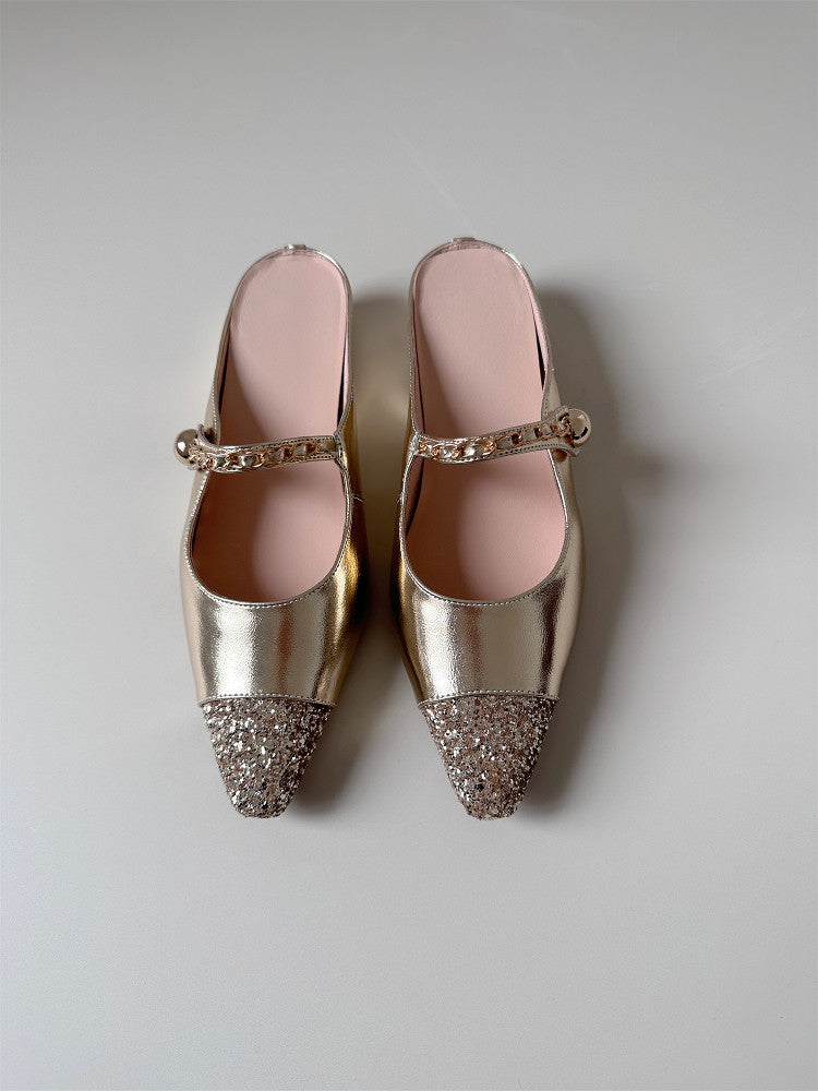Gold sequin leather mid-heel wedge half-slipped sandals