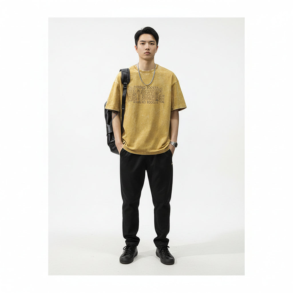 Yellow flower short-sleeved T-shirt men's loose plus-size trendy half-sleeve casual