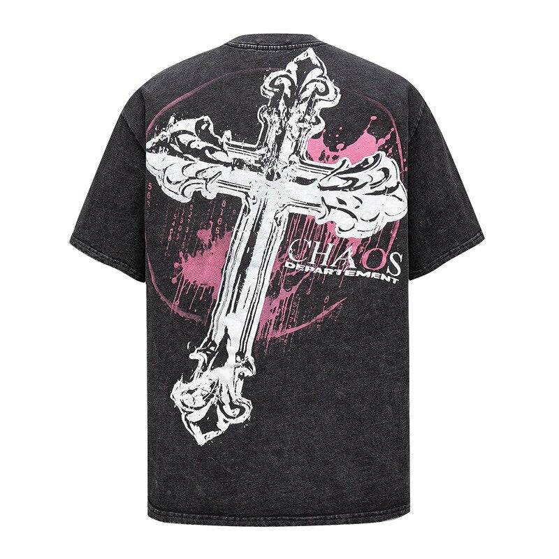 Cross distressed washed short sleeve T-shirt men's unsex tee