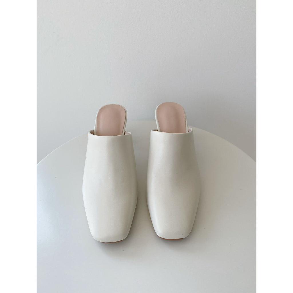 Soft cowhide leather half slippers sandals stiletto heels white