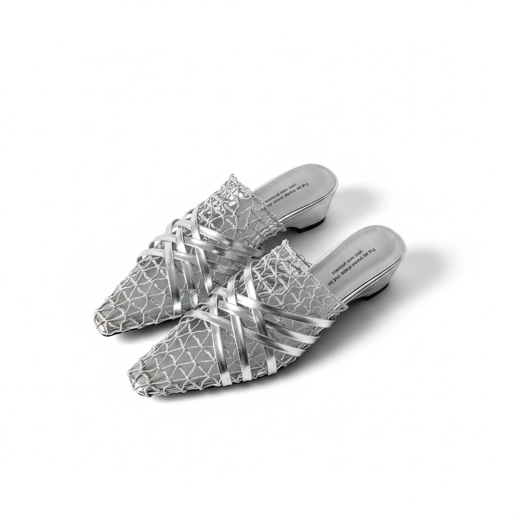 Pointed fishnet sandals thick-heeled shoe