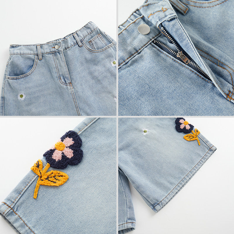 Floral embroidery denim midi pants for men and women summer casual trousers