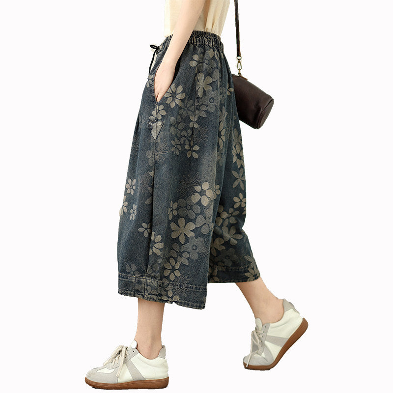 Denim elastic wide-leg pant