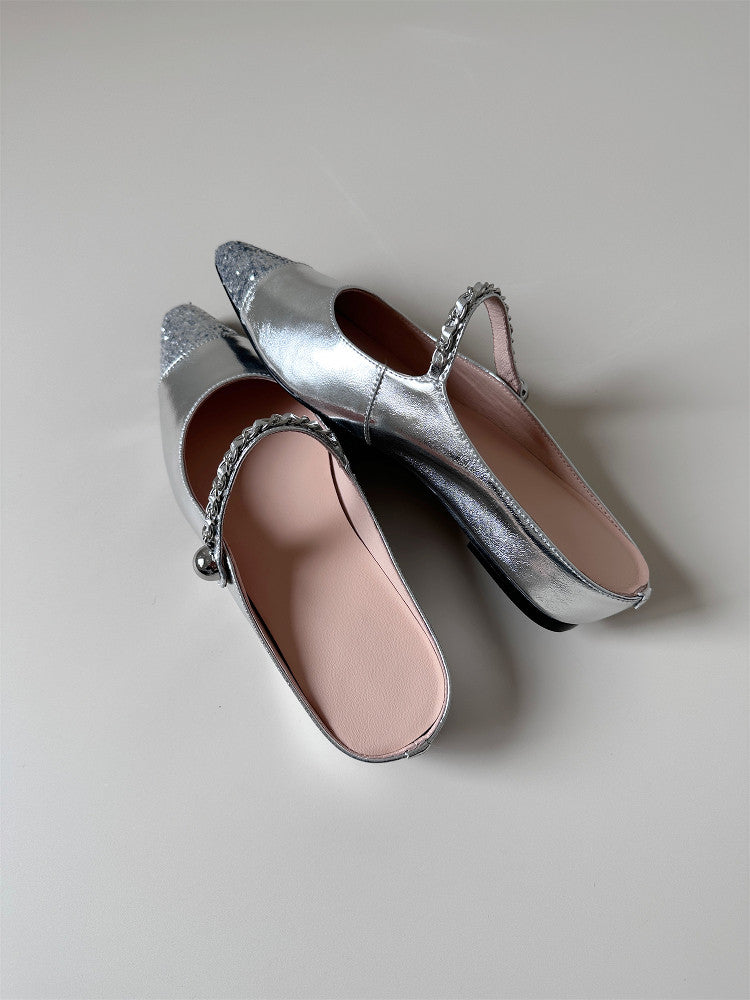 Gold sequin leather mid-heel wedge half-slipped sandals