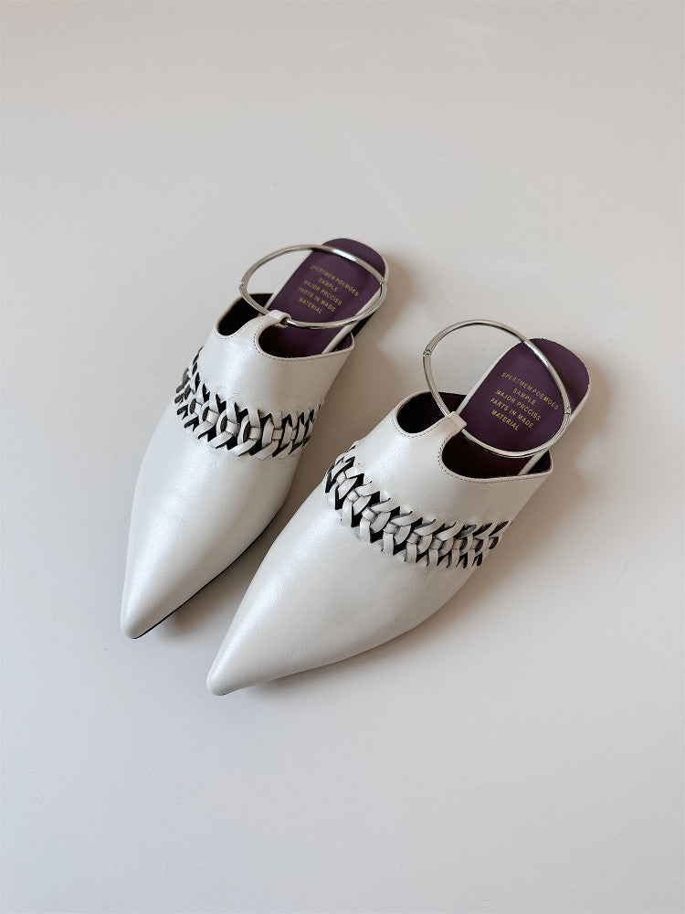 Red leather sandals women's low heels pointed shoes