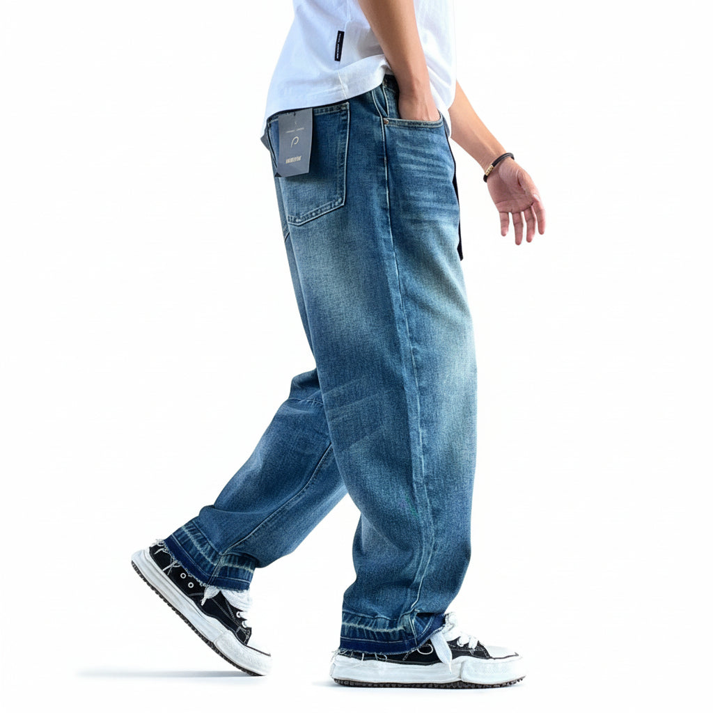 Vintage washed jeans whiskers loose denim