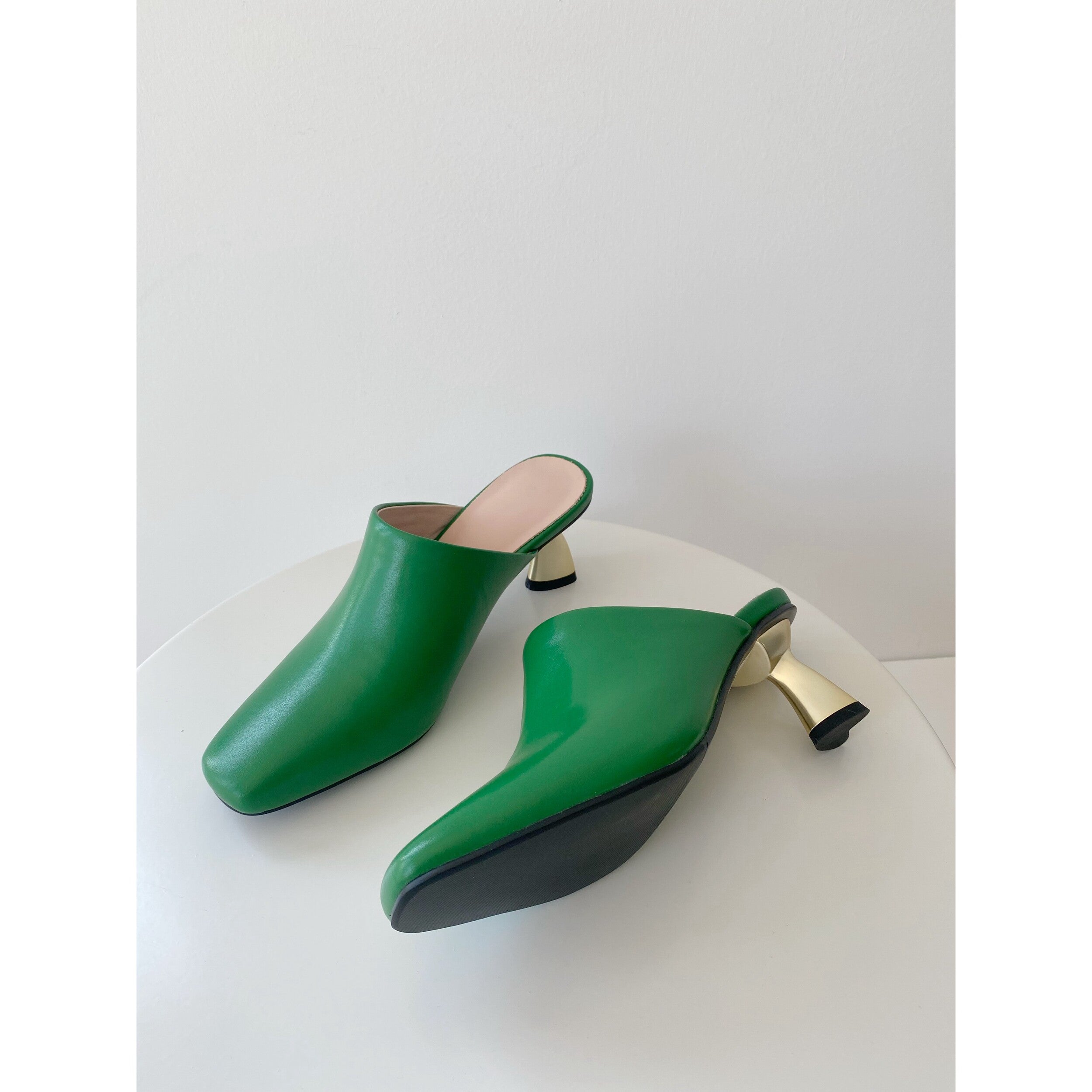Soft cowhide leather half slippers sandals stiletto heels white
