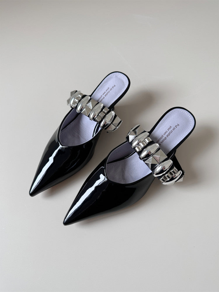 Leather thin heel wrap toe half slipper sandals women shoes