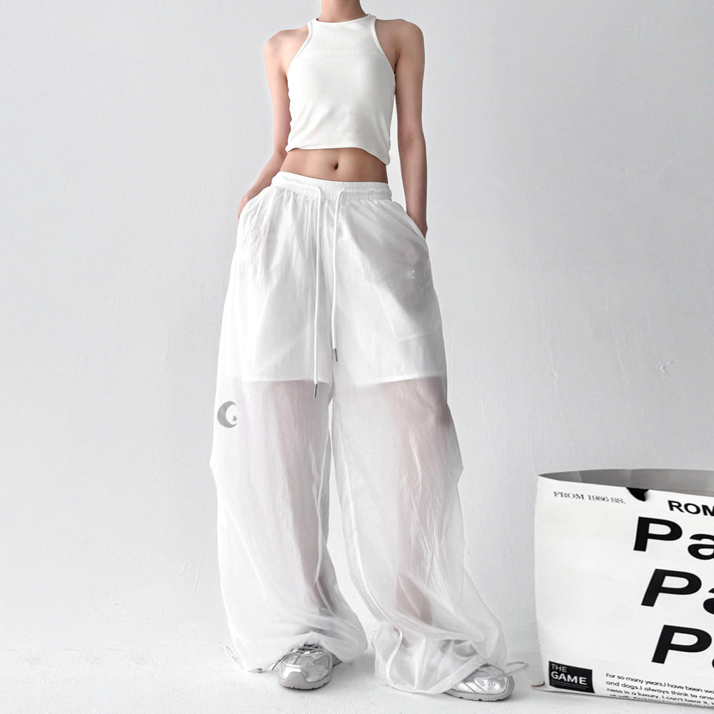 Transparent white high-waisted loose wide-leg pants