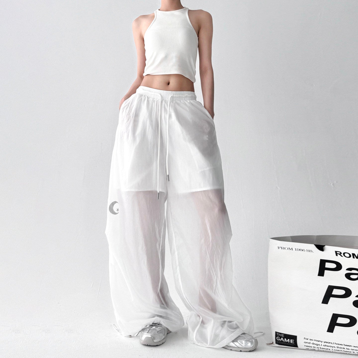 Transparent white high-waisted loose wide-leg pants