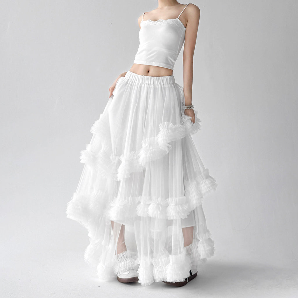 Mesh skirt female high waist multi-layered ruffled long skirt