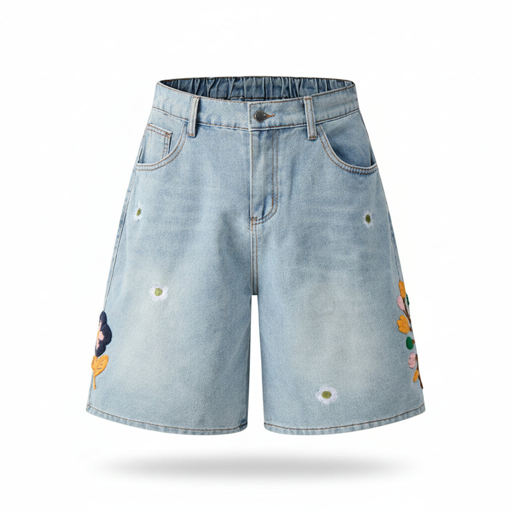 Floral embroidery denim midi pants for men and women summer casual trousers