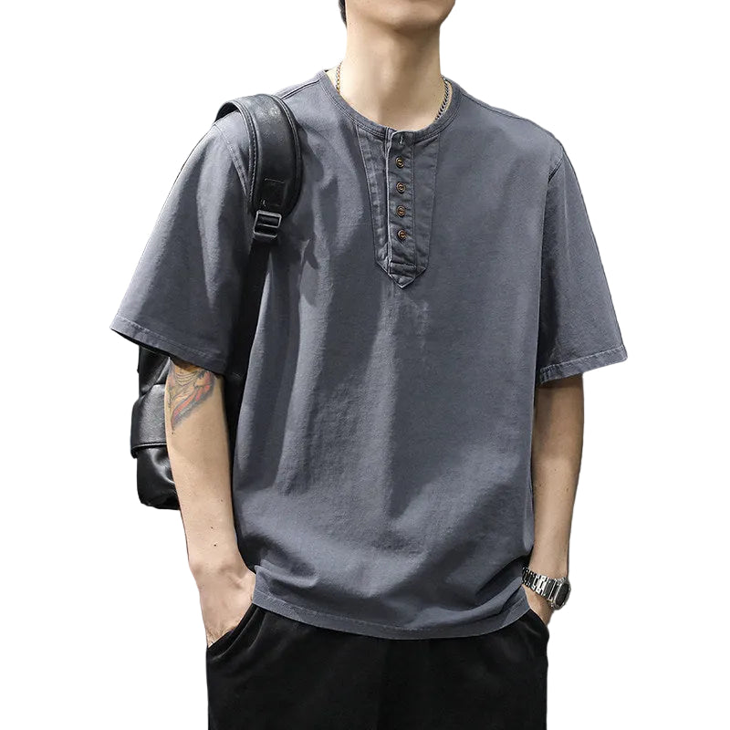 Men's Short Sleeve T-Shirt Pure Cotton Thin Henry Collar Shirt