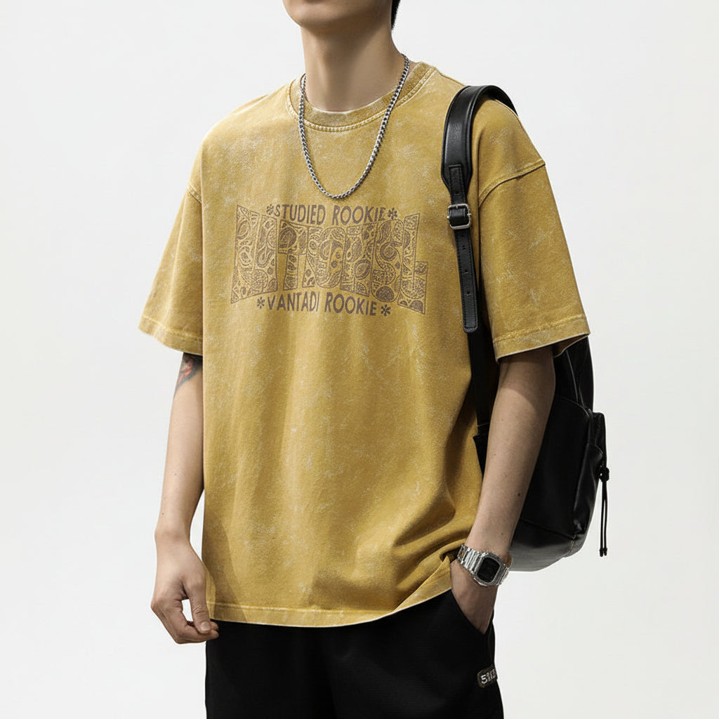 Yellow flower short-sleeved T-shirt men's loose plus-size trendy half-sleeve casual